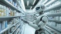 Sleek Silver Robot with Metallic Limbs in Modern Pharmacy Aisle Royalty Free Stock Photo