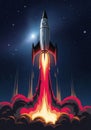 A sleek, silver rocket is launching into space against a starry night sky. Bright flames in shades Royalty Free Stock Photo