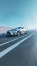 Sleek silver sedan speeding on clear asphalt road with holographic tech elements in bright daylight Royalty Free Stock Photo