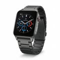A sleek smart watch with a dark rectangular case and metallic link bracelet