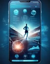 A sleek smartphone displays a running man and fitness tracking data on a futuristic interface