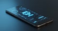 A sleek smartphone lies on a dark surface, displaying a futuristic interface. The scree