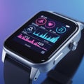 A sleek smartwatch with a rectangular display shows health metrics, including steps