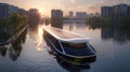 A sleek solarpowered biofuel ferry gliding across a river in a smart city connecting different communities while also