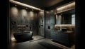 A sleek and sophisticated bathroom with a dark luxury design. The bathroom features an elegant black freestanding tub