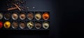 Sleek Spice Arrangement: Up-close composition emphasizing the sleek arrangement of assorted spices stored in containers