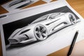 sleek sports car, with sleek lines and curves, on the drawing pad