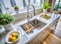 Sleek Stainless Steel SingleHandle Kitchen Sink in a Modern White Kitchen Design Royalty Free Stock Photo