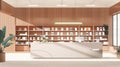 A sleek streamlined bookstore with carefully curated displays and a minimalist checkout counter