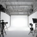 Sleek studio setup White cyclorama and professional lighting equipment showcased