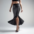 Sleek And Stylish Girl In Tight Crop Top And Black Leather Skirt