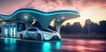 A sleek and stylish supercar sits at a cutting-edge gas station, of alternative fuels like hydrogen. The warm glow