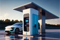 A sleek and stylish SUV, adorned with neon lights, pulls up to an ultra-modern hydrogen or electric filling station