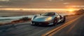 Sleek Sustainable Speedster Cruises Seaside at Sunset. Concept Sustainable Transportation, Electric Vehicles, Sunset Drives,