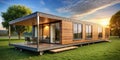 Sleek and Sustainable Tiny House on Wheels A Modern Modular Design Boasting Panoramic Views and an Expansive Outdoor Royalty Free Stock Photo