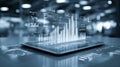 Digital technology and data analysis concept showcasing futuristic graphs and charts on a tablet with ambient lighting in a modern Royalty Free Stock Photo