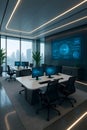 Sleek tech office design illuminated featuring modern desk setups and city views with large display screen for collaborative work Royalty Free Stock Photo