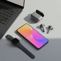A sleek tech setup features a laptop, a gradient-display smartphone, a smart watch