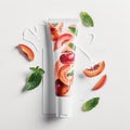 Sleek tube of fruit-infused cream against a stylish white backdrop