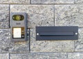 Modern video intercom and mailbox on brick wall