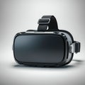 A sleek virtual reality headset rests on a neutral background. It features a smooth