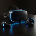 A sleek virtual reality headset and two controllers rest on a dark surface. The headset