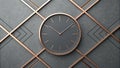 A sleek wall clock with a black face and rose gold hands is set against a geometric background Royalty Free Stock Photo