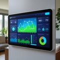 A sleek wall-mounted smart home control panel displaying various graphs and data visualizations. Royalty Free Stock Photo