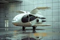 Sleek white autonomous flying vehicle in hangar