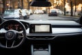 Sleek white dashboard with a digital display screen in a modern car mockup