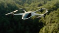 Sleek white drone flying over dense green forest Royalty Free Stock Photo