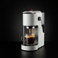 Sleek white espresso machine on a black background with a modern design. A Royalty Free Stock Photo