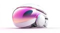 Sleek white futuristic VR headset with gradient purple visor and rounded design isolated on a white background Royalty Free Stock Photo
