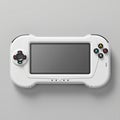 Sleek white handheld gaming console large screen multiple buttons.