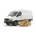Sleek and white mockup van with a few brown cardboard products boxes placed beside it against a plain white backdrop Royalty Free Stock Photo