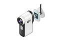 Modern white wireless security camera with wi-fi connectivity mounted on a white wall bracket Royalty Free Stock Photo