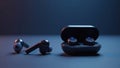 Sleek Wireless Earbuds in Charging Case with Blue LED Glow Royalty Free Stock Photo