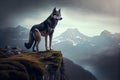 sleek wolf, eyes fixed on distant prey, atop mountain peak