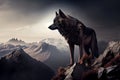 sleek wolf, eyes fixed on distant prey, atop mountain peak