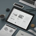 A sleek workspace featuring a large tablet displaying website mockups on a blue-gray desktop