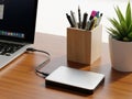A sleek workspace setup featuring a laptop, external hard drive, writing tools, and a small indoor plant for productivity Royalty Free Stock Photo