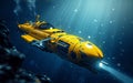 A sleek, yellow underwater exploration vehicle plunges deeper into the vast, blue-green ocean, its powerful thrusters Royalty Free Stock Photo