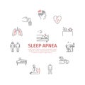 Sleep Apnea round banner. Symptoms, Treatment. Line icons. Vector signs for web graphics.