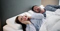 Sleep Apnea Snoring Disturbance. Angry Woman