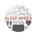 Sleep Apnea round banner. Symptoms, Treatment. Line icons. Vector signs for web graphics.