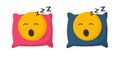 Sleep bed person icon flat cartoon illustration set, yellow red blue asleep smile character in pillow snooze, deep rest doze