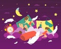 Sleep at bedtime, vector illustration. Person character in bed, flat night dream concept. Man woman character relax