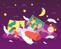 Sleep at bedtime, vector illustration. Person character in bed, flat night dream concept. Man woman character relax