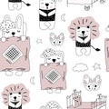 Seamless pattern cute cartoon sketch sleeping animals, crib baby, slippers and baby potty on the white background