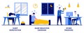 Sleep deprivation and behavior disorder, work pressure concept with tiny people. Stress management vector illustration set.